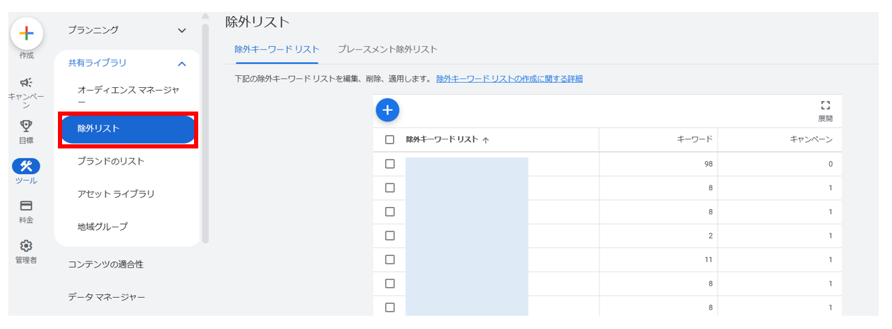 除外キーワードリストの一覧画面